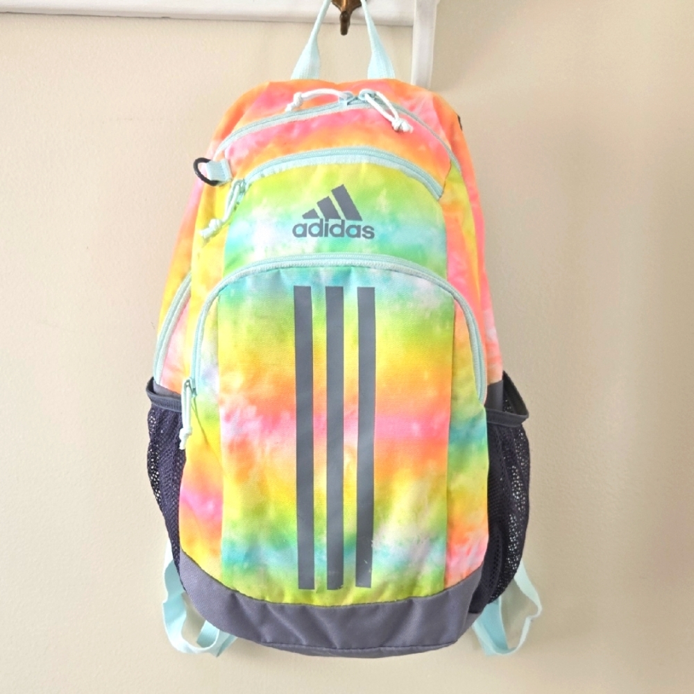 Adidas Rainbow Tie-Dye with Gray Blue Straps Zipper School Backpack